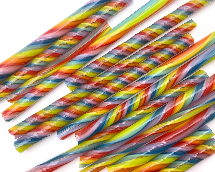 Rainbow twisted cane offcuts Bullseye 90 coe glass Vitrigraph twisties