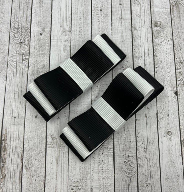 Black and White 3 inch Straight Bows on Clips (pair)