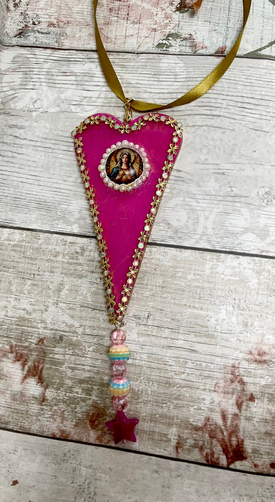 Handmade Clay Hanging Heart – Sacred Heart Madonna Wall Ornament Religious Gift