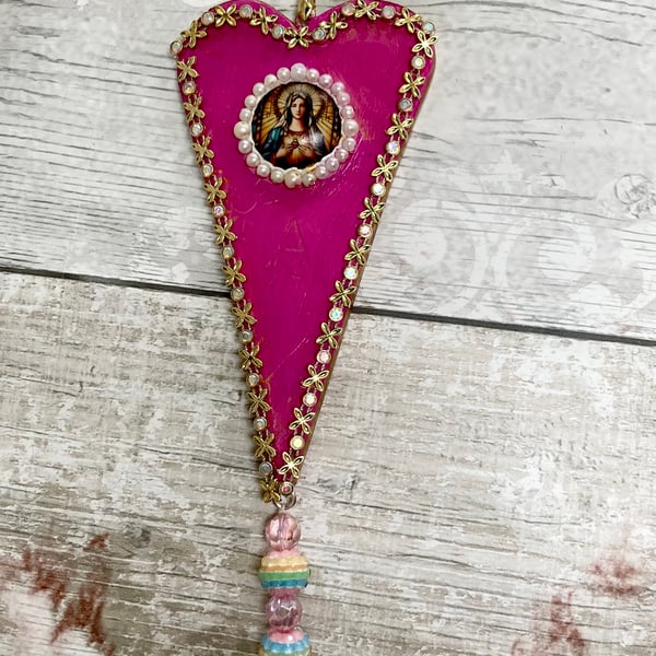 Our Lady of The Sacred Heart Handmade Hanging Heart Pendant Decoration Madonna 