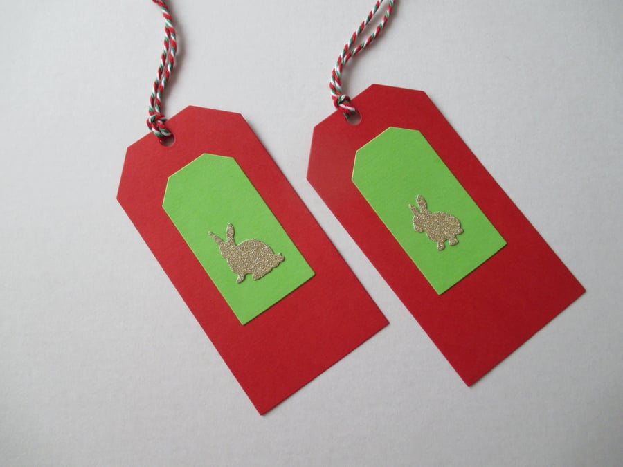 Gift Tag x 2 Bunny Rabbit Christmas Present Gold Green Red White