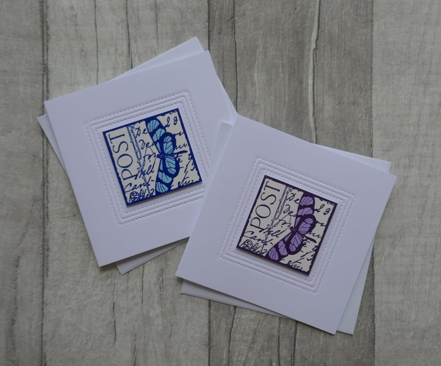 Two Small Notecards - Blue & Lilac Butterflies - Blank Greetings Cards