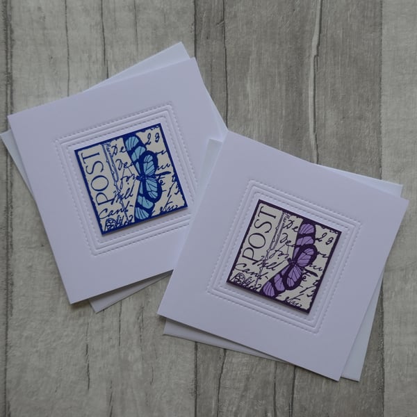 Two Small Notecards - Blue & Lilac Butterflies - Blank Greetings Cards