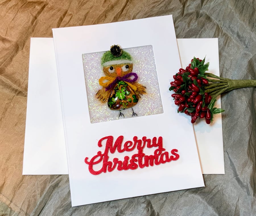 Whimsical Robin Christmas Card.