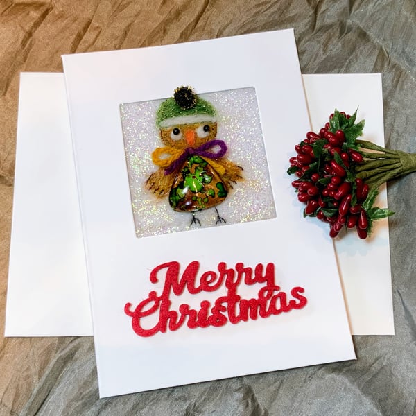 Whimsical Robin Christmas Card.