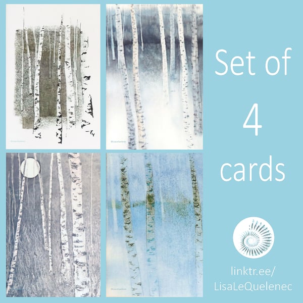 Silver birch tree designs set four blank art greeting cards bundle plastic free