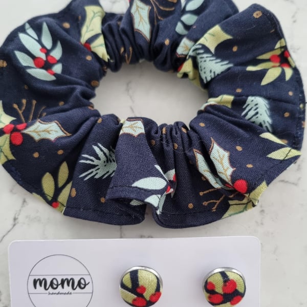 Christmas scrunchie fabric studs holly wreath, upcycled liberty tie, unique gift