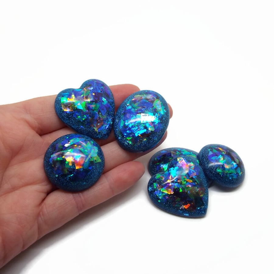 6 Vibrant Blue Large Cabochons with Metallic Film Inclusions