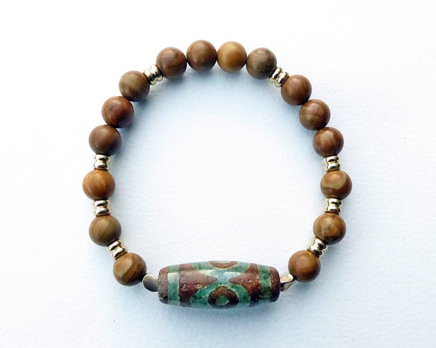 Stretchy Dzi Bead, Wood Jasper and Brass Bracelet