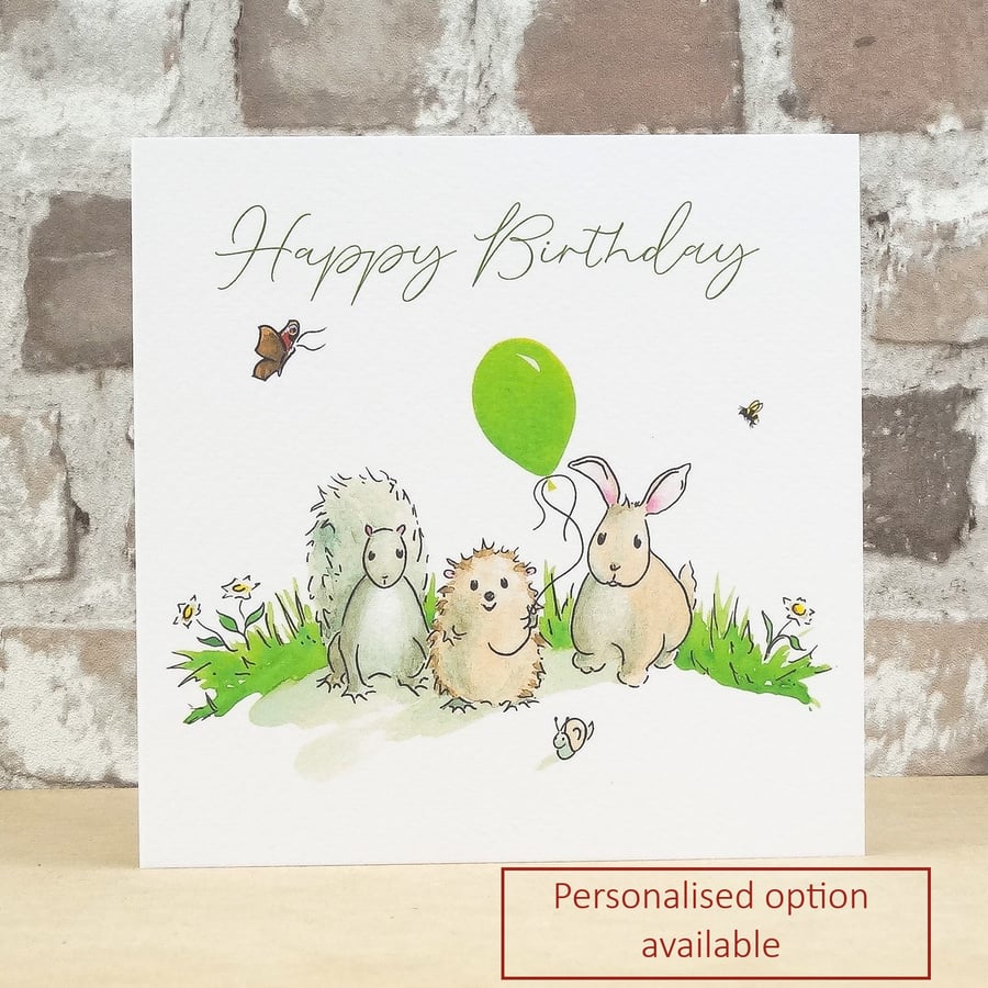 Birthday Card Green Balloon -  Personalised name option available