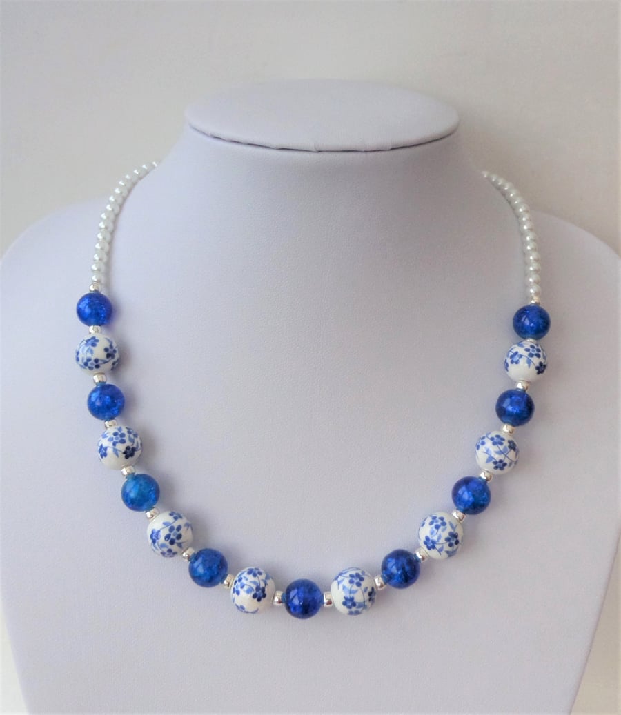 Blue and white ceramic and crackle bead necklace