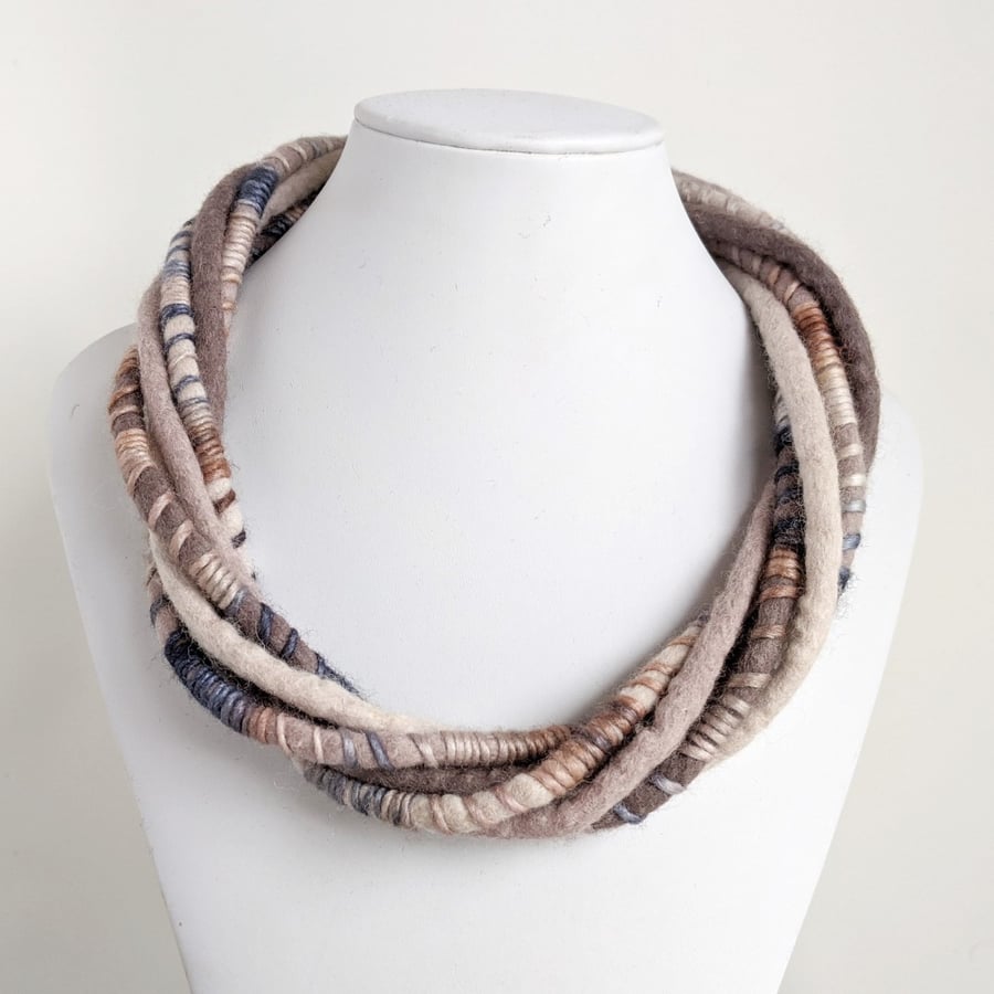 The Wrapped Twist: felted cord necklace in mink and cream