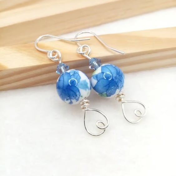 Floral Earrings - Sapphire & Porcelain Flower Earrings - Blue Flower Drops