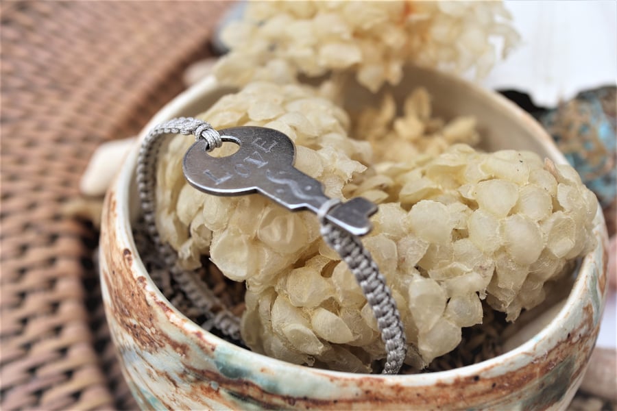 Upcycled Vintage Key Adjustable Hand knotted Bracelet - gift for friendship 