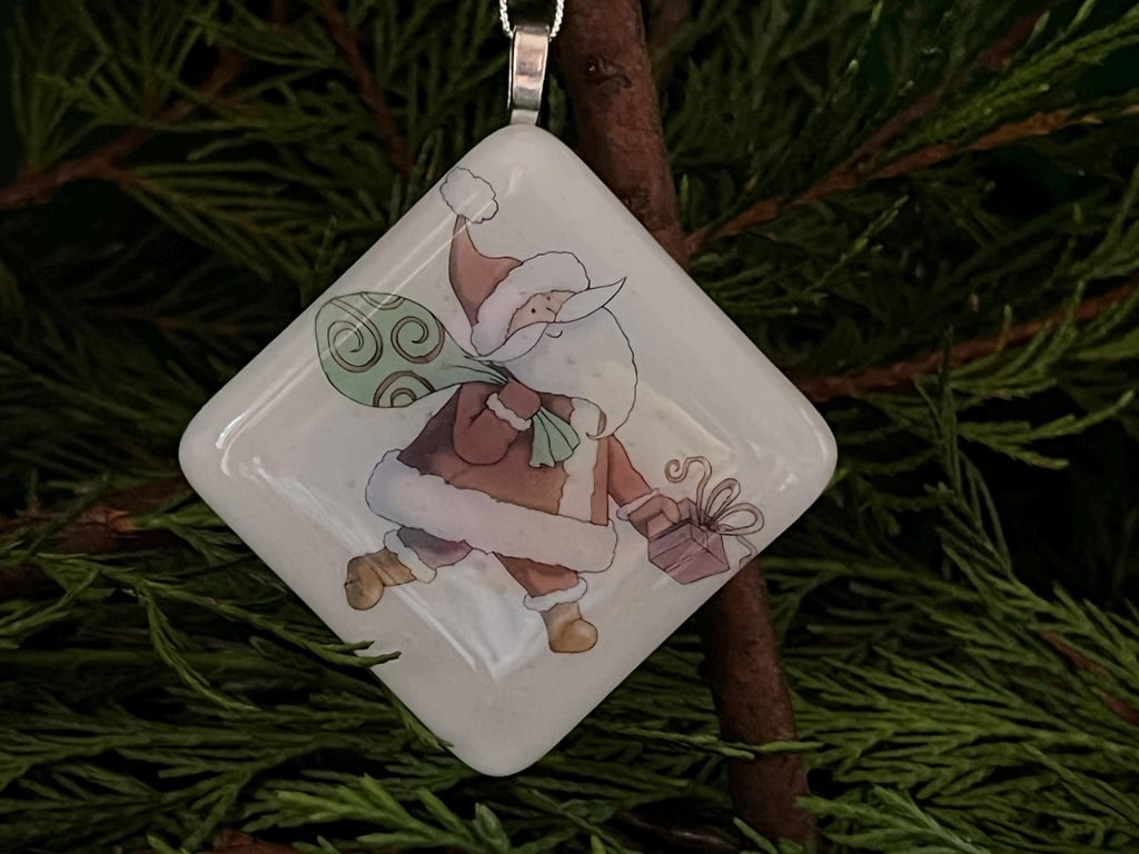 Unique Handmade Christmas Card with Artisan Fused Glass Santa Tree Decoration
