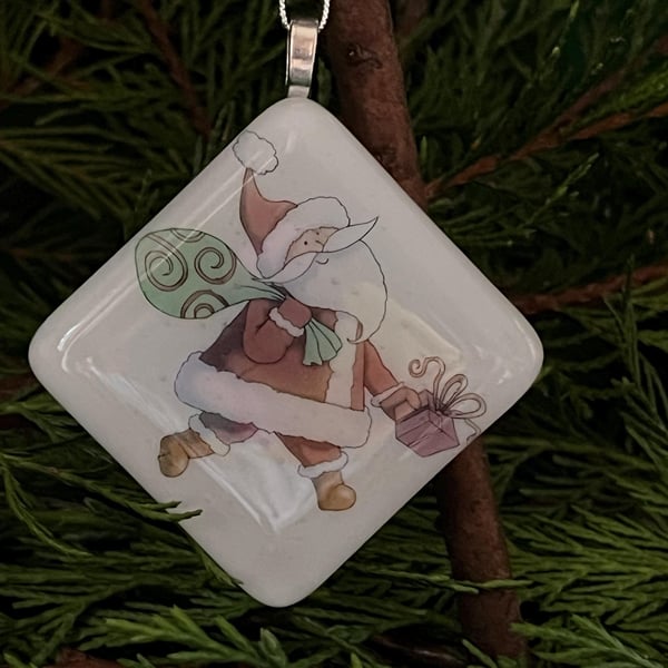 Unique Handmade Christmas Card with Artisan Fused Glass Santa Tree Decoration