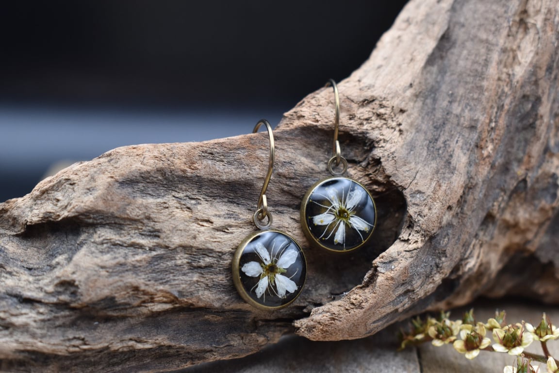Hypoallergenic Real Pressed Flower Resin Earrings, Titanium Ear Hooks, Black