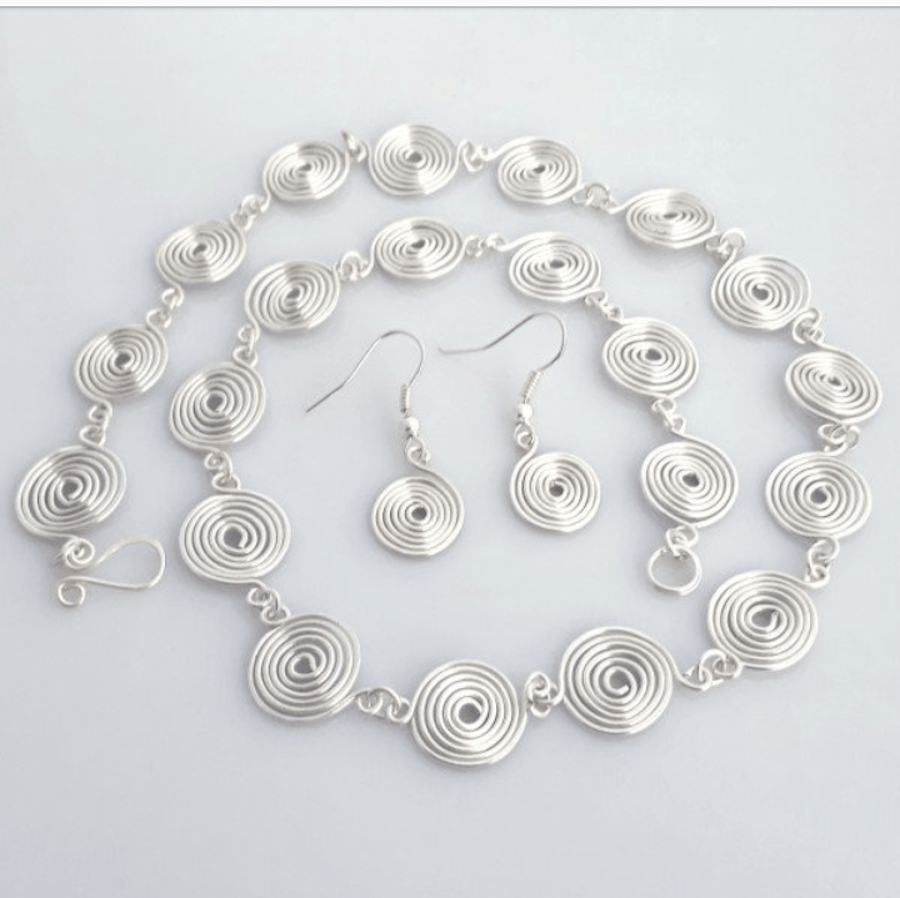 Spiral silver necklace and earrings, matching jewellery set, handmade gifts 