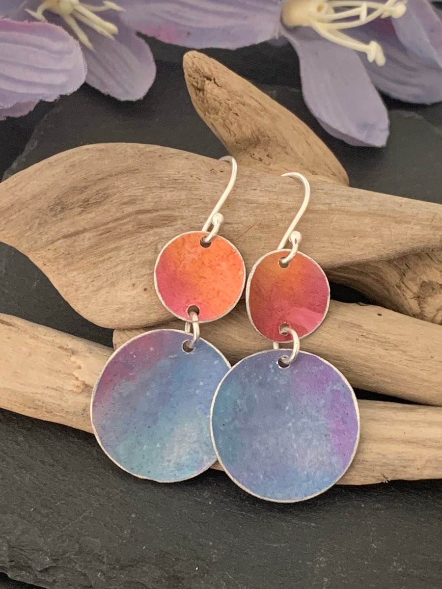Water colour collection - hand painted aluminium earrings orange and cornflower 