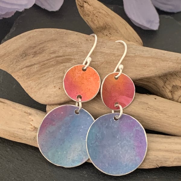 Water colour collection - hand painted aluminium earrings orange and cornflower 