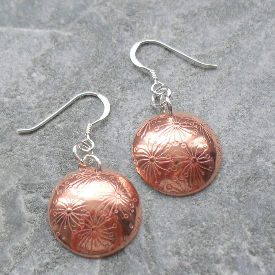 Copper Earrings With Dandelion Detail With Sterling Silver Ear Wires