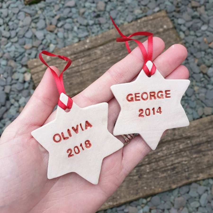 Personalised Star Decoration with Red Text & Ribbon