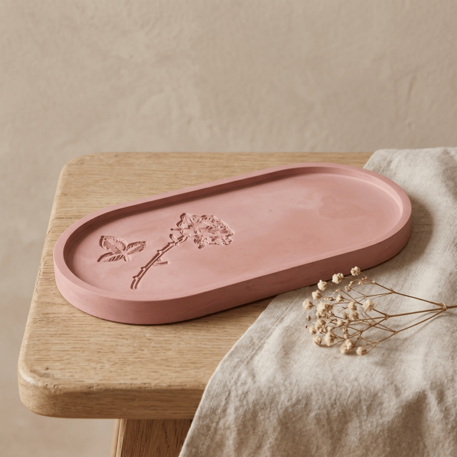 Light Terracotta Coloured Large Oval Decorative Tray With Floral Imprints 