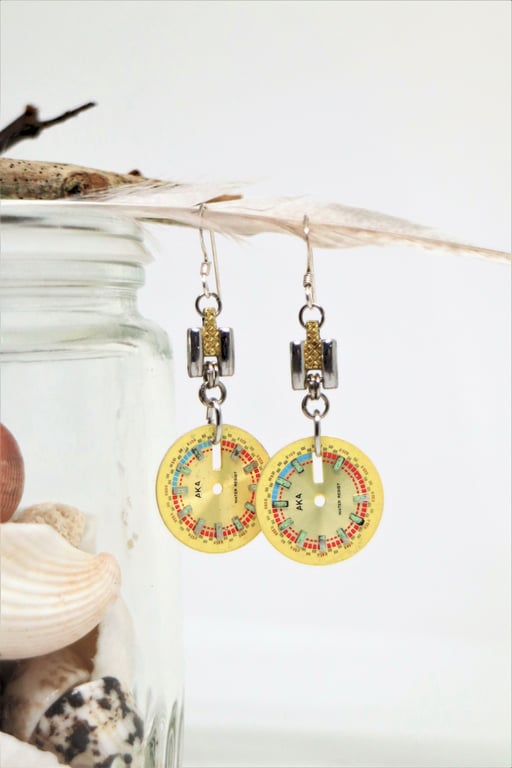 Upcycled steampunk theme - vintage watch dial earrings - sterling silver wires