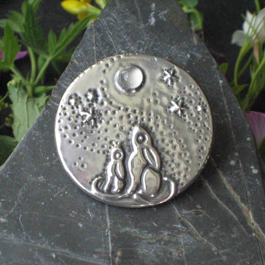 Moon gazing Hares Brooch