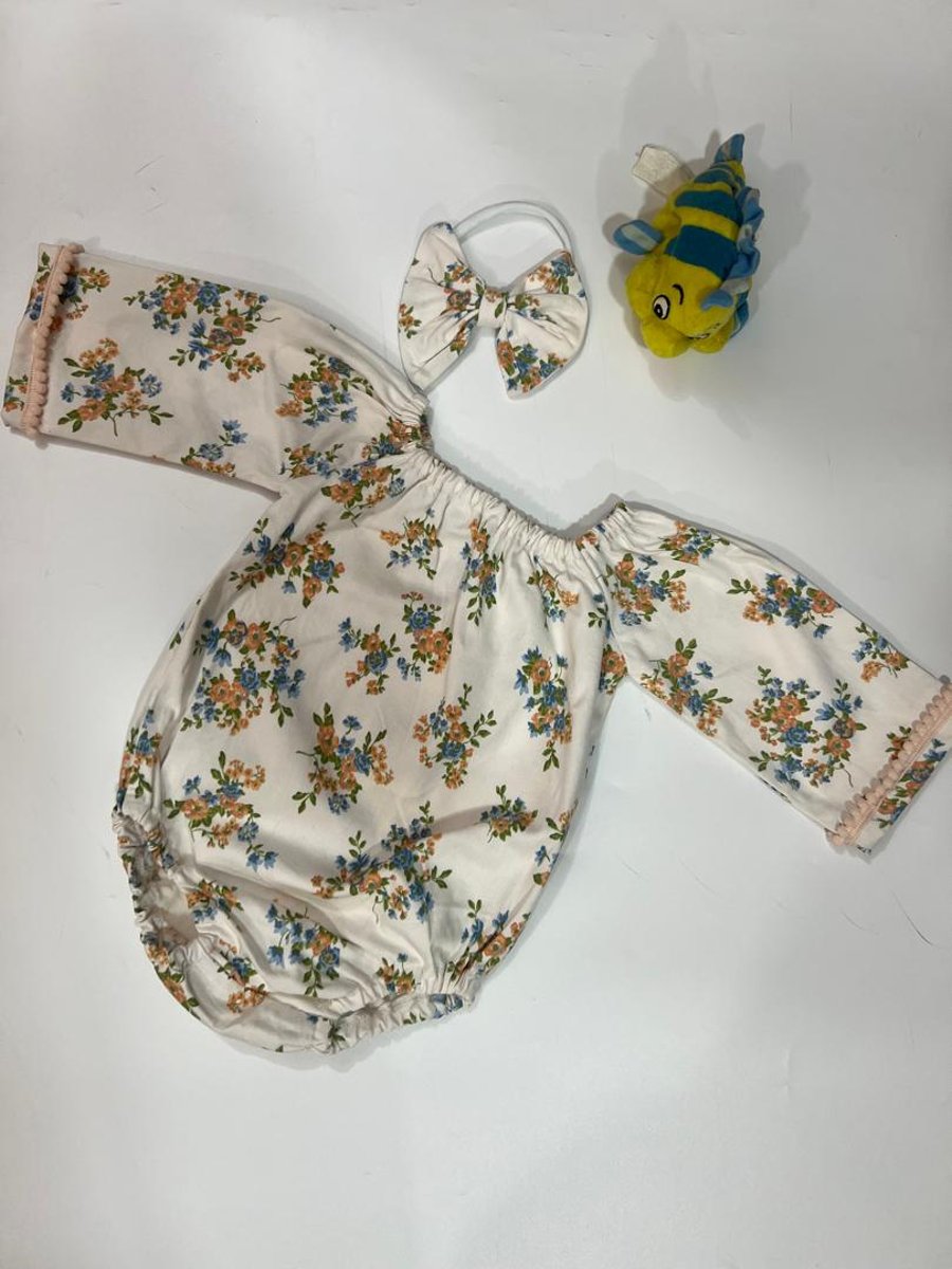 Floral Baby Romper with Matching Headband – 100% Cotton