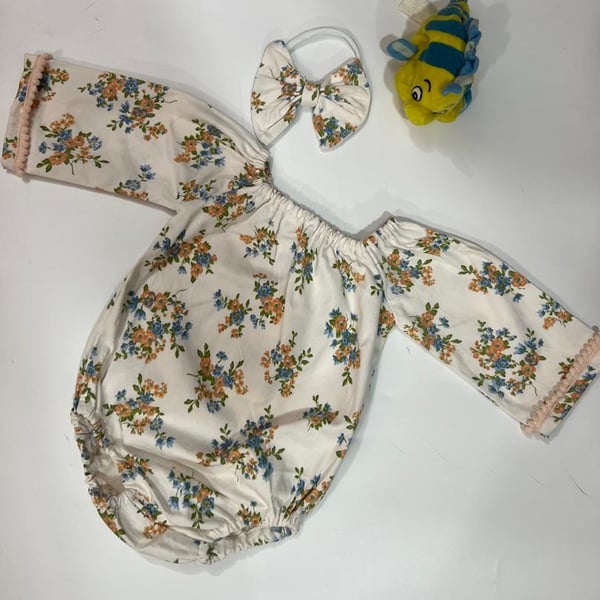 Floral Baby Romper with Matching Headband – 100% Cotton