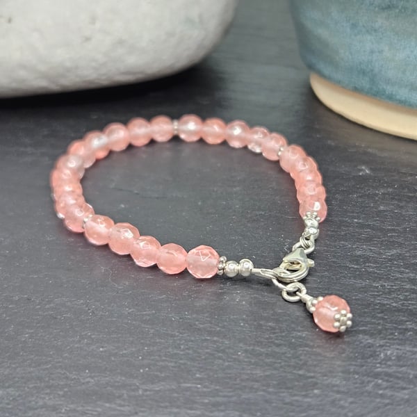 Faceted Cherry Quartz and Sterling Silver Bracelet 