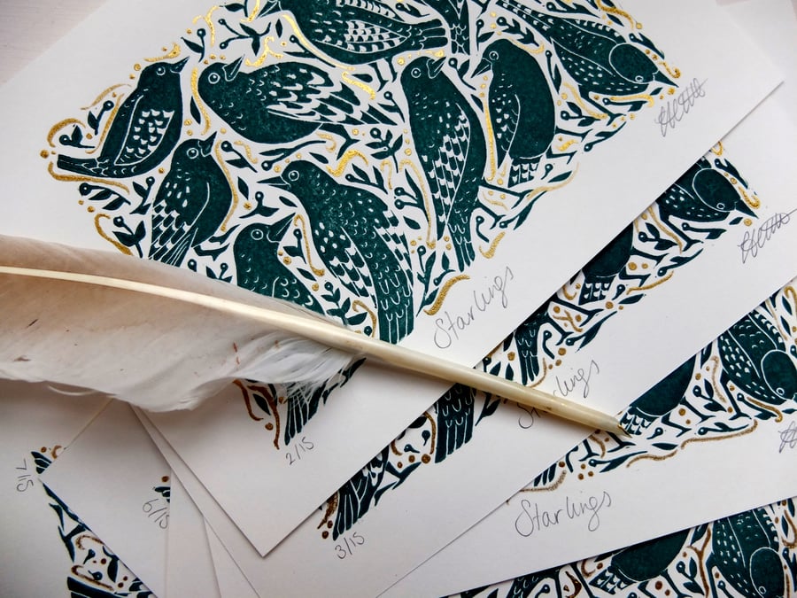 ARTIST PROOF SALE Starlings Green and Gold Lino Print with Handpainted Details