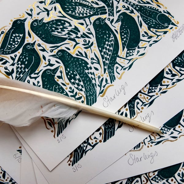 ARTIST PROOF SALE Starlings Green and Gold Lino Print with Handpainted Details
