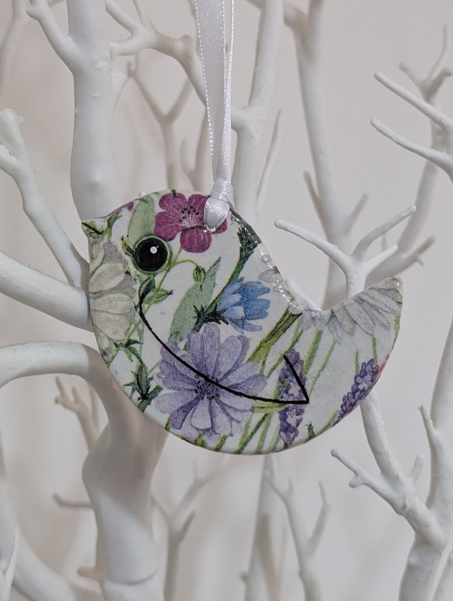 Bird decoration, decoupaged, pretty hanging gift for her made from clay