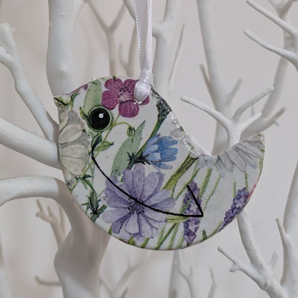 Bird decoration, decoupaged, pretty hanging gift for her made from clay