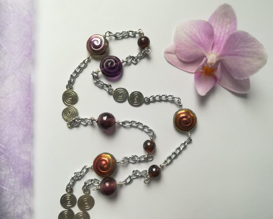 Long Chain Necklace with glass beads and silver plated swirl charms