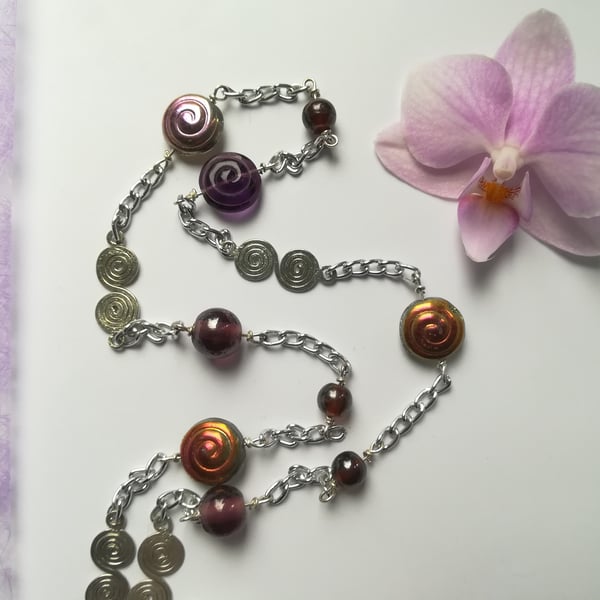 Long Chain Necklace with glass beads and silver plated swirl charms