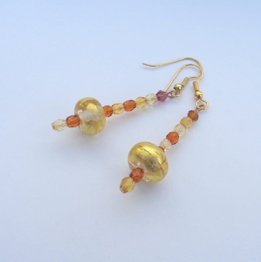Lampwork glass gold foiled bead long drop earrings