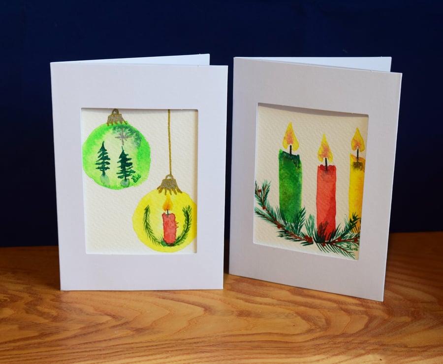 Baubles and Candles - Seasonal greeting card, watercolour painting