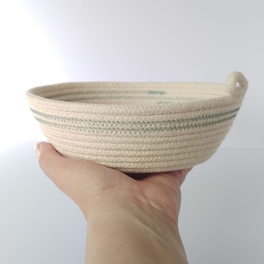 Chale Bowl, a coiled rope bowl with turquoise stitched detail