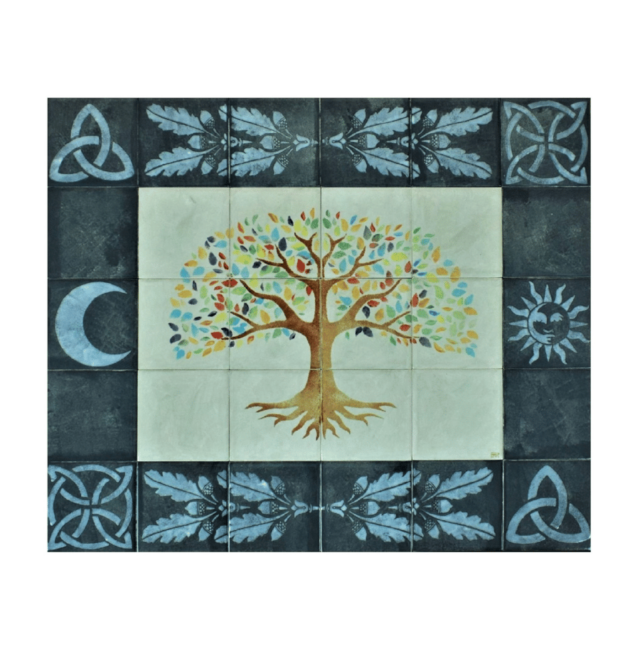 Tree of Life Wall Art, Kitchen Tile Splashback, with, Grey Tiles.