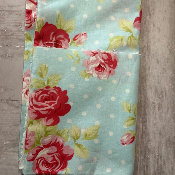 Fabric, Pale Bue, White PolkaDots, Pink Roses CS 0002