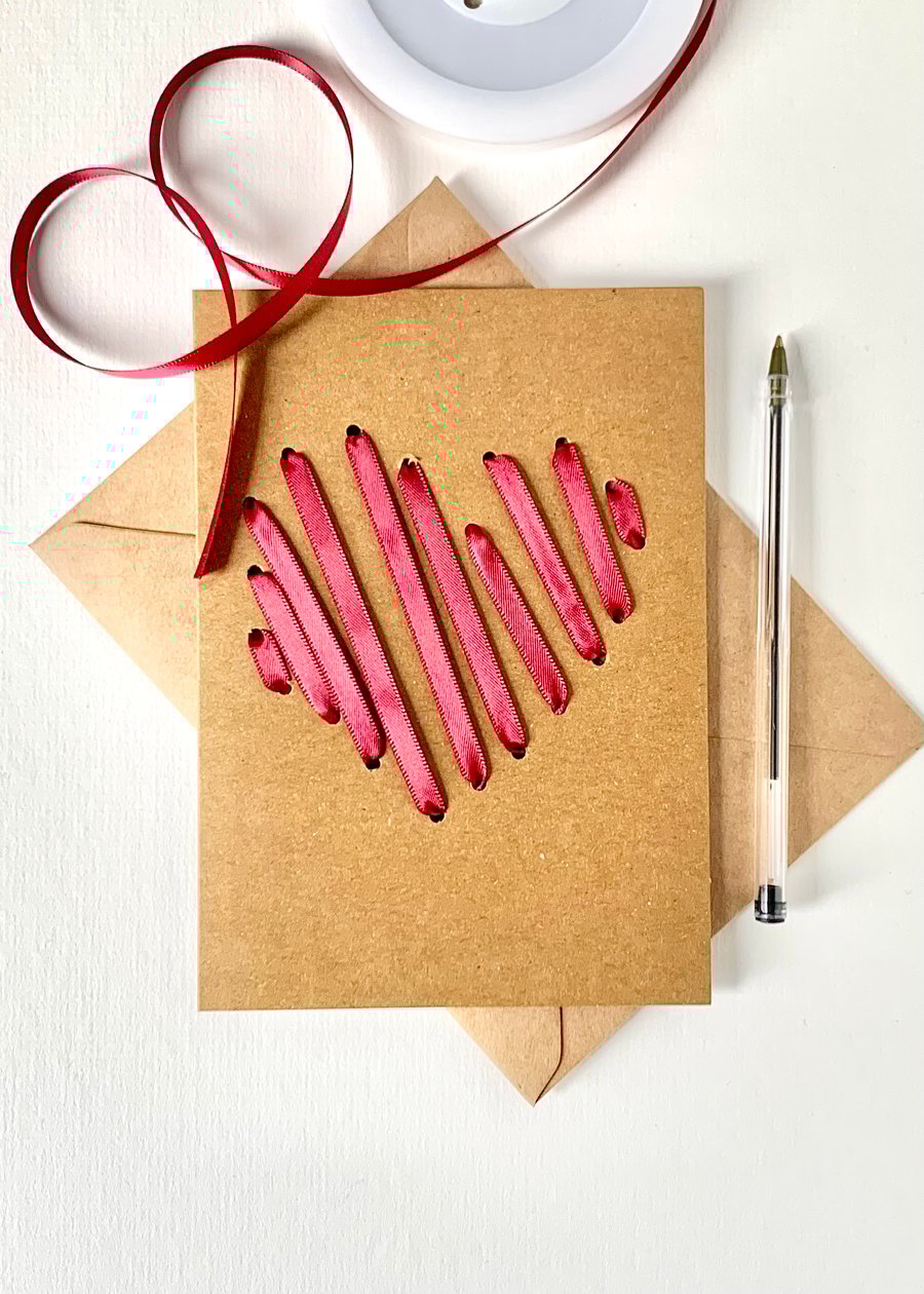 Heart Wedding Card . Red Ribbon Heart Card . 