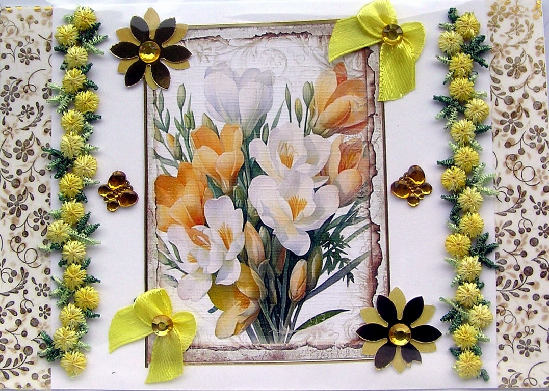 Yellow Freesia Flowers - Hand Crafted Decoupage Greeting Card - Blank 3036