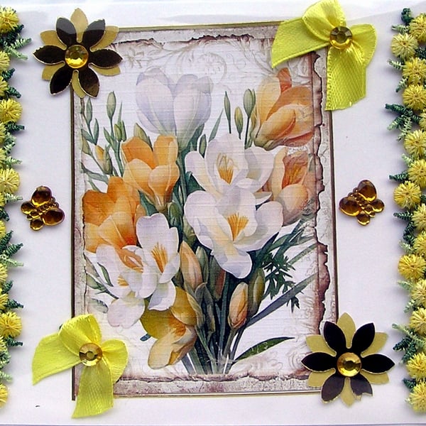 Yellow Freesia Flowers - Hand Crafted Decoupage Greeting Card - Blank 3036