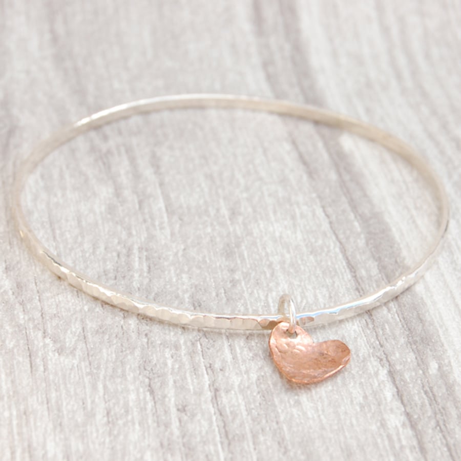 Copper heart on hammered skinny silver bangle