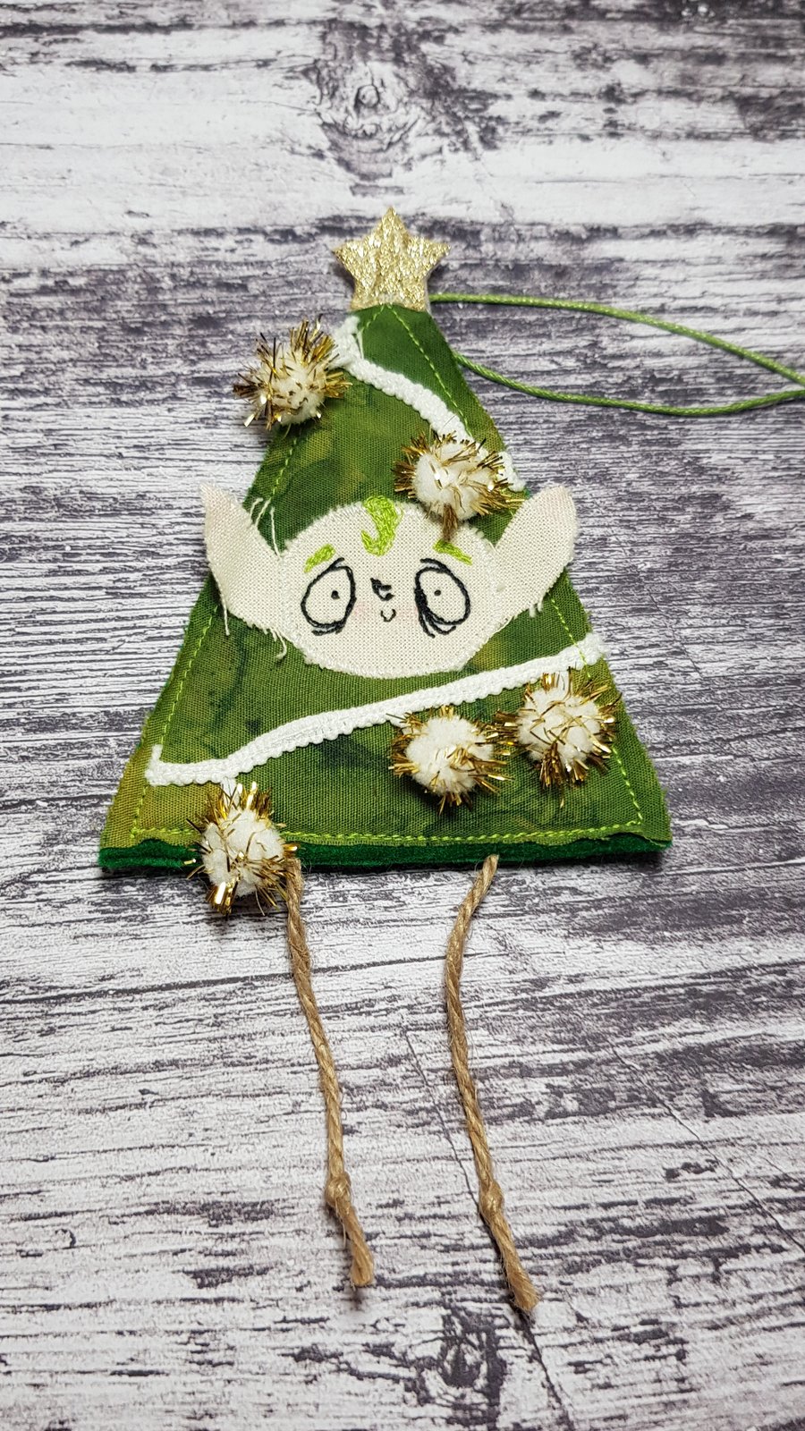 Christmas Tree Elf Hanging Decoration with White & Gold Pom