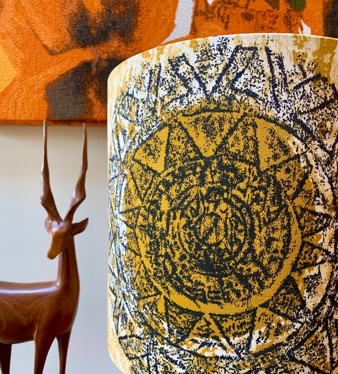 Classic Mid Century MCM Abstract Graphic Black Mustard vintage fabric lampshade