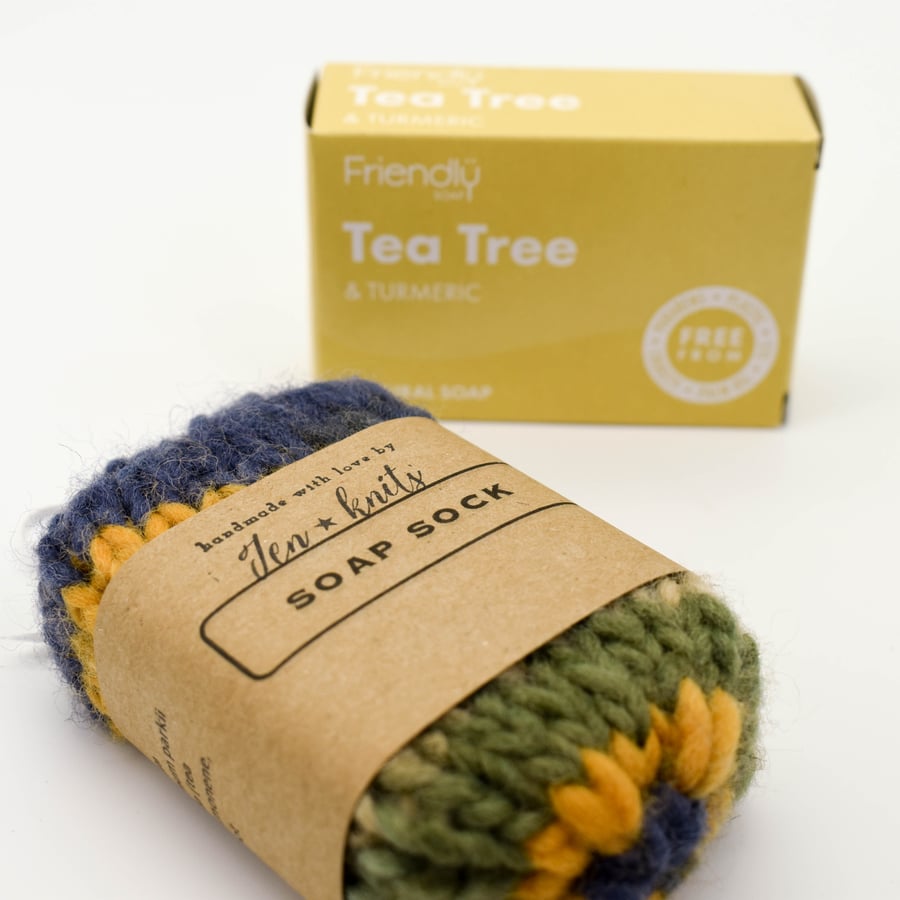 Hand knitted self felting Tea Tree soap sock - multicolour - eco friendly